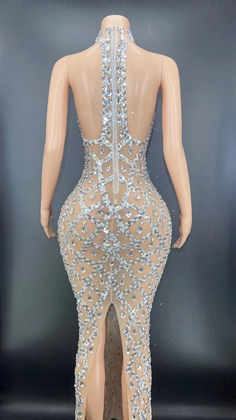 Sexy Colorful Mesh Luxury Rhinestones Celebrate Evening Wedding Prom Gown