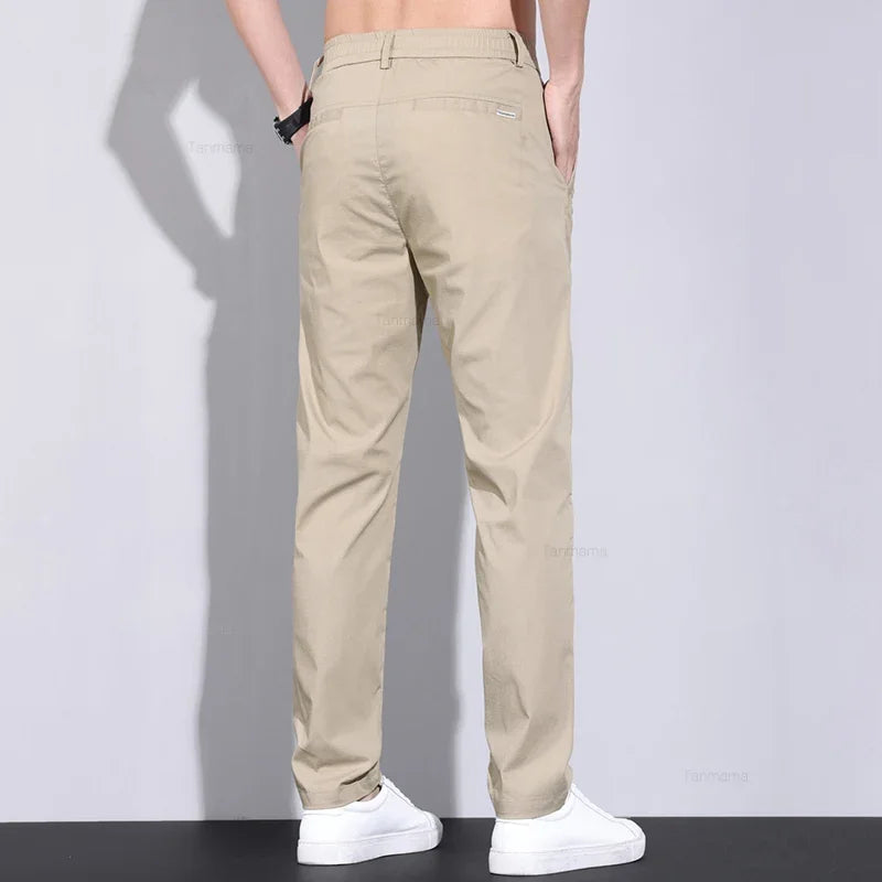 Ultra-thin Elastic Men's Casual Pants Ice Silk Cotton Fashion Slim Straight Business Trousers Black Gray Khaki