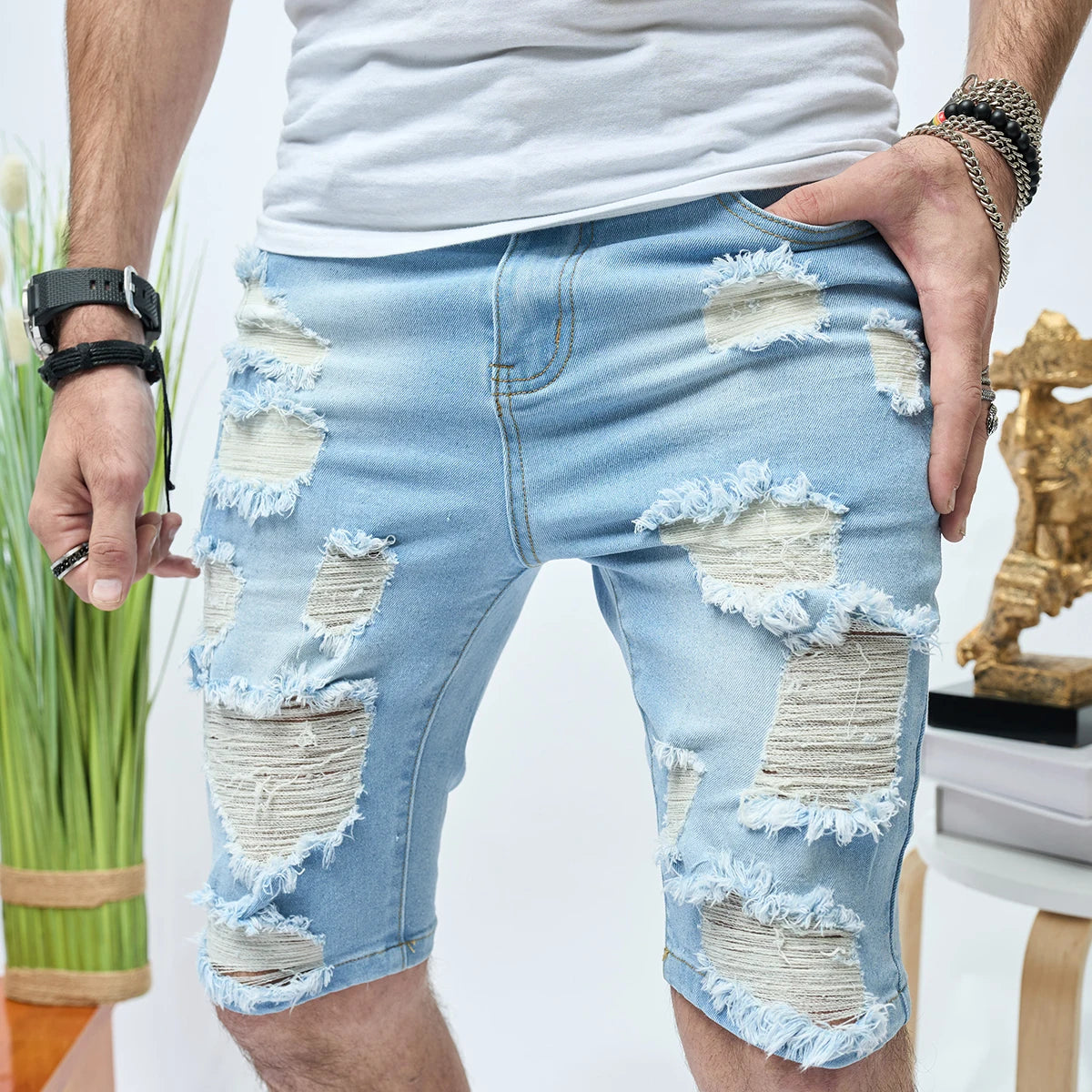 Summer Ripped Shorts Jeans Men's Hip-Hop Denim Pants Stretch Light Blue