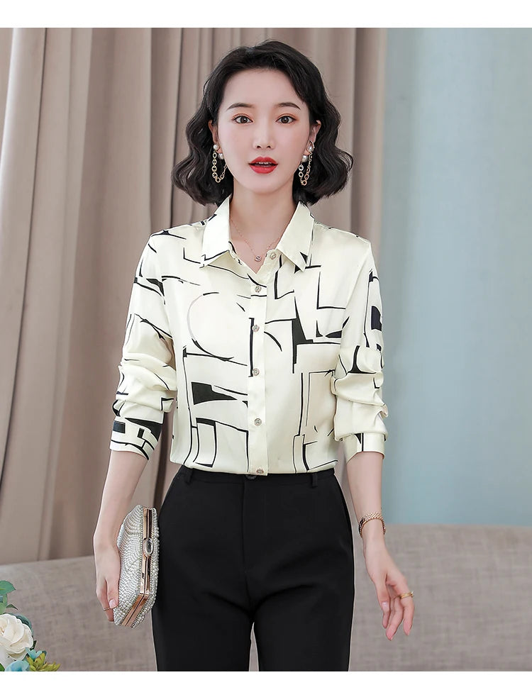 Satin Shirts Fashion Print Autumn Long Sleeve Polin Female Blouses