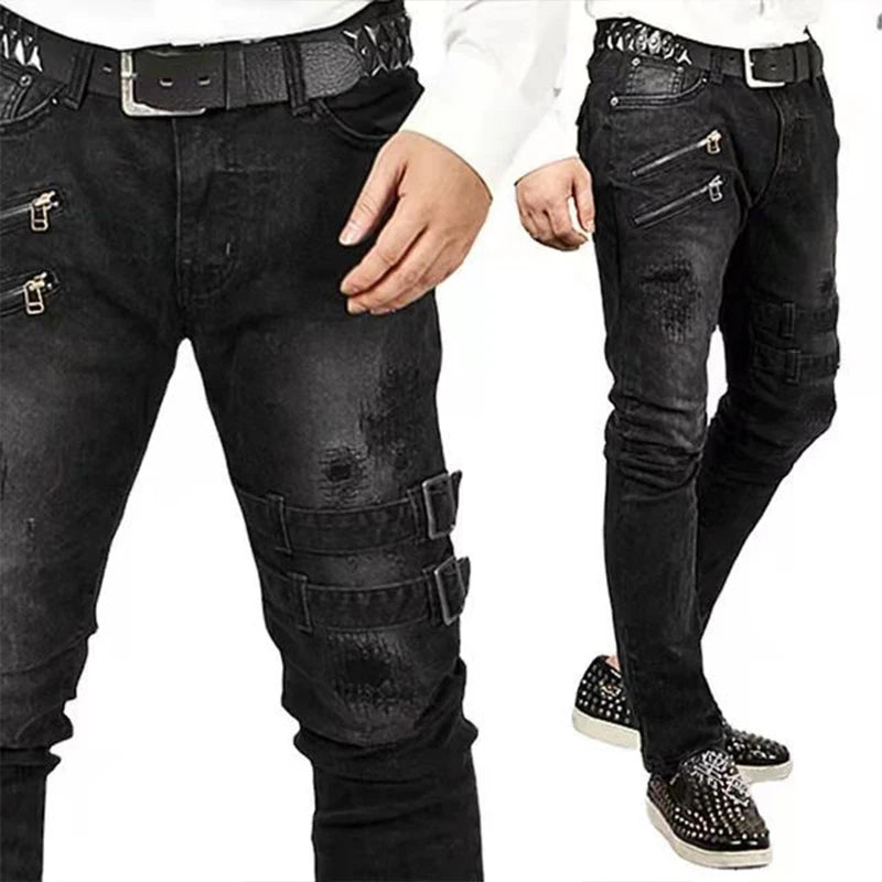 Plus Size Straight Jeans Man Skinny Zips 3 Colors Cacual Long Denim Trousers