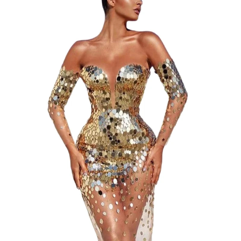 Long Sleeve Bare Shoulder Glitter Sequined Dress See Through Bodycon  Cocktail Party Dress