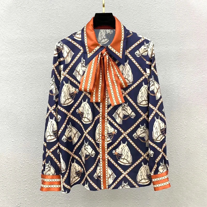 Luxury Brand Silk Shirt Check Equestrian Print Horse Blouse