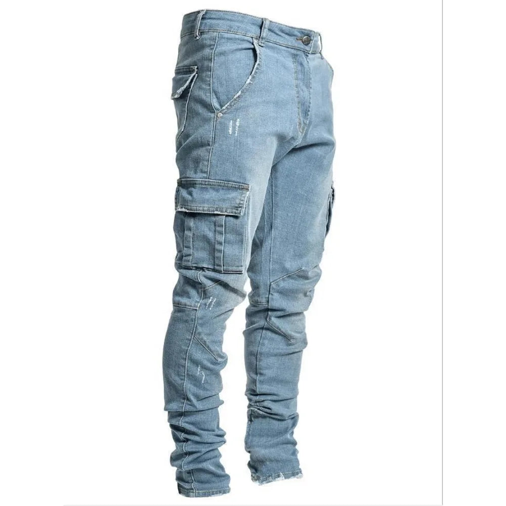 Men's Jeans Denim Pant Mid Waist Cargo Jean Male Slim Fahsion Casual Trousers