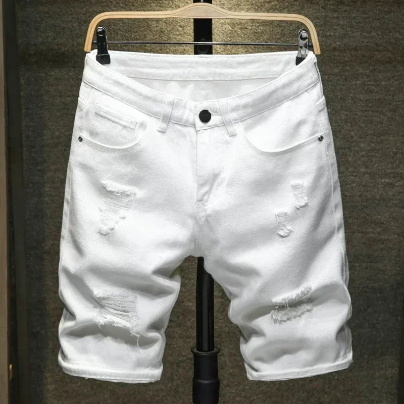 New Men's Simple Jeans Shorts White Black Street Wear Fashionable Ripped Knee-length Non-elastic Slim Casual Shorts Male