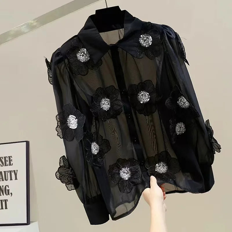 Three-dimensional Flower Single Breasted Blouse Lapel Puff Sleeve Shirts