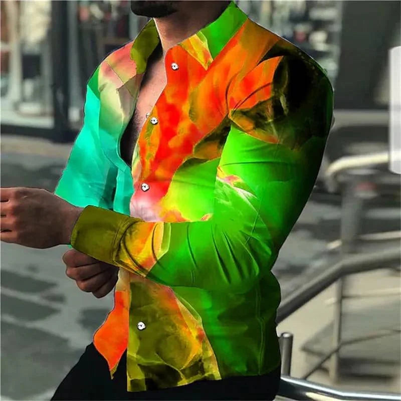 Men's Shirt 3 D Floral Pattern Lapel Long Sleeve Shirt High Quality