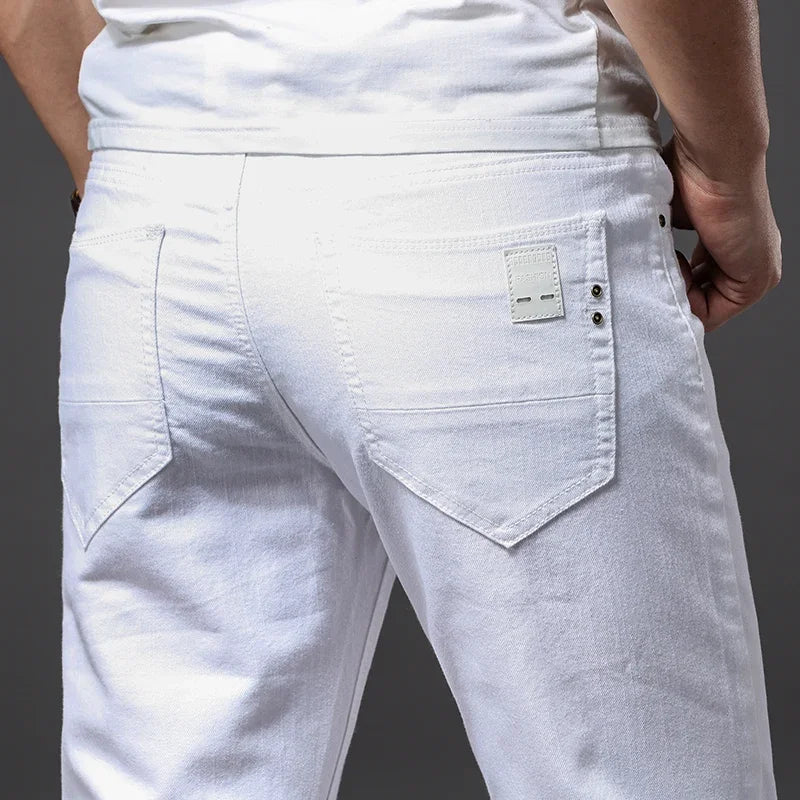 White Soft Stretch Denim Men Jeans Fashion Casual Classic Style Slim Trousers