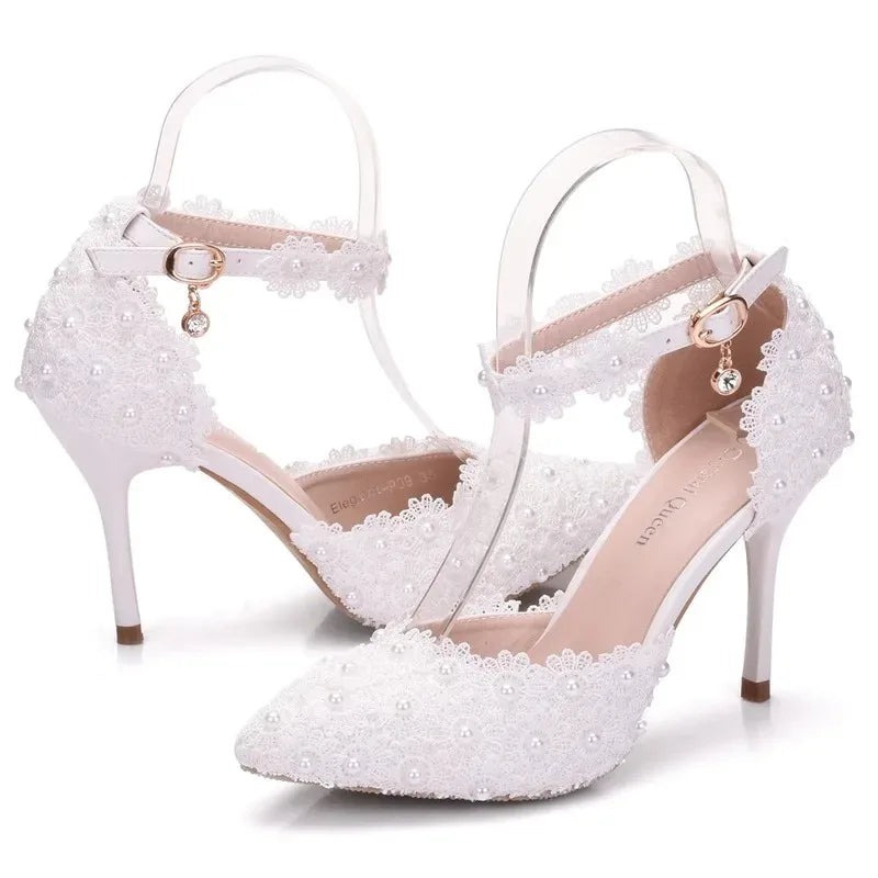 High Heels Pumps Buckle Strap Hollow Lace Pointed Toe Thin Heels