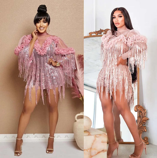 Pink Sequin Fringe Mini Pleated Mesh Ruffle Dresses