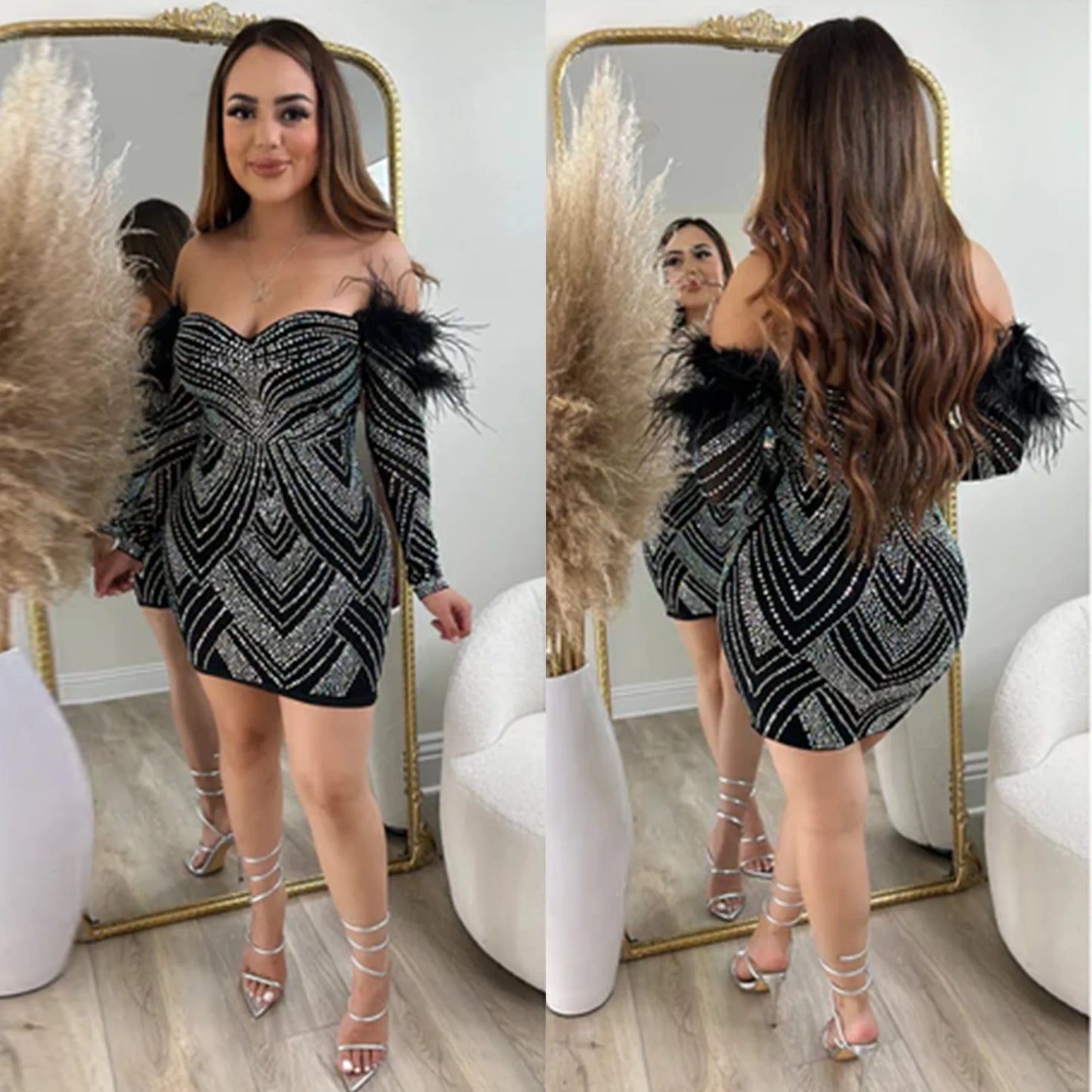 Rhinestone Feather Dress Sexy Club Wear Party Bodycon Evening Mini Dresses 2023 Women Winter Clothes Elegant Luxury Dresses