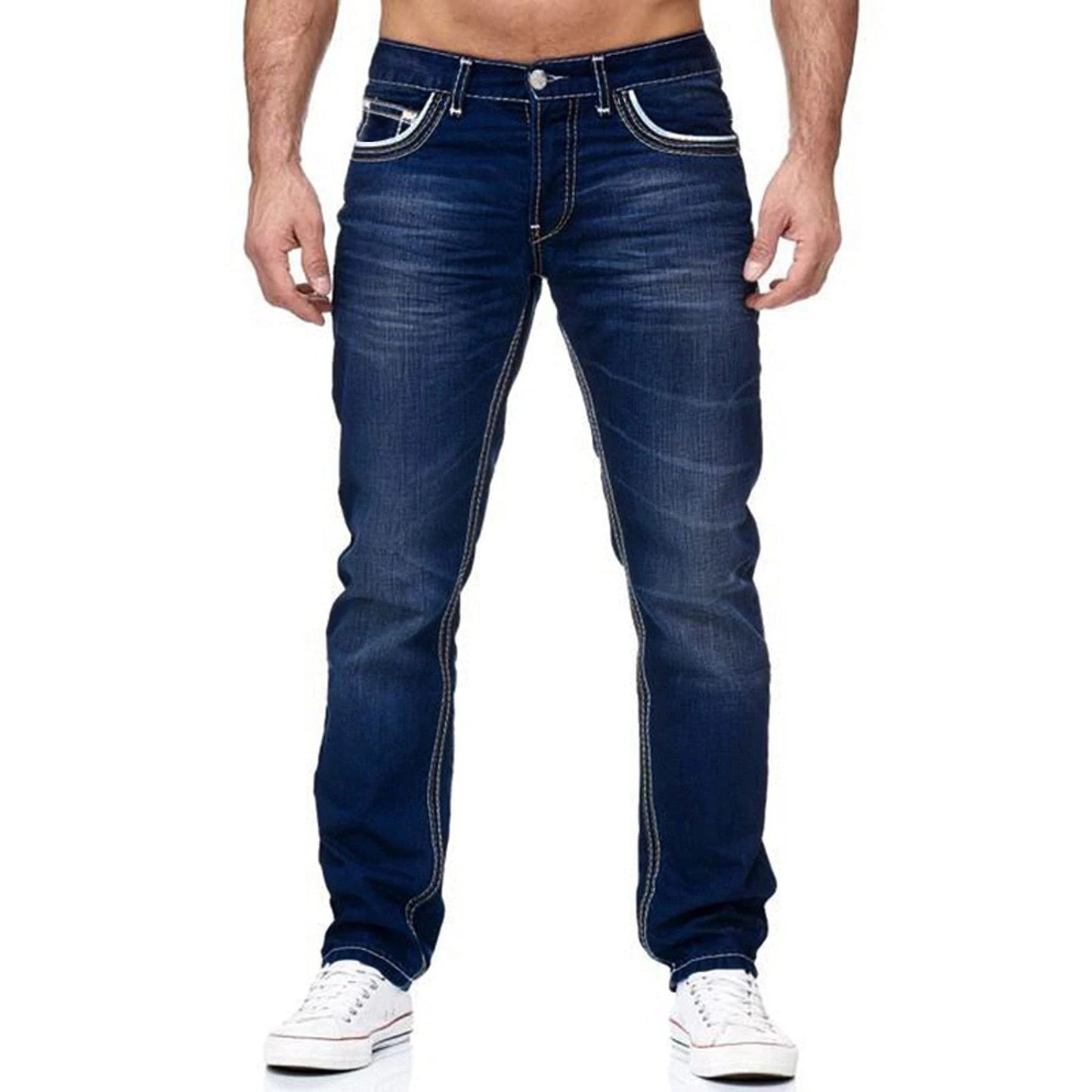 Men Jeans Solid Pockets Stretch Denim Straight Pants