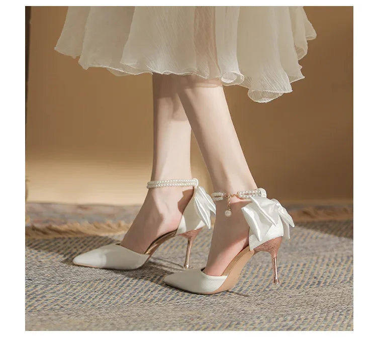 New Women Thin Heel Hollow Sandals  Pearl Butterfly Pointed Toe Wedding Shoes