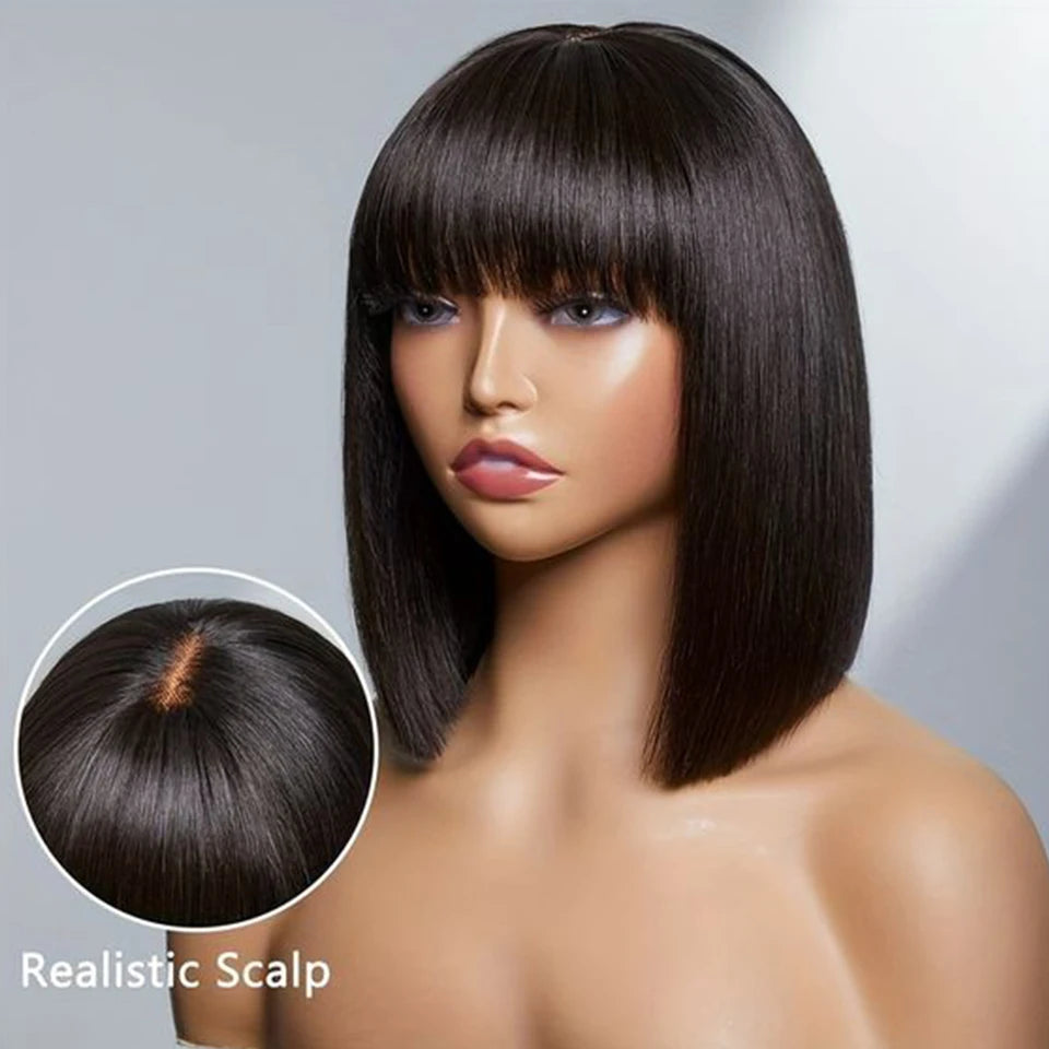 Short Bob Wig With Bangs Brazilian Remy Human Hair Wigs Full Machine Lace Realistic Scalp Glueless Straight Bob Wig