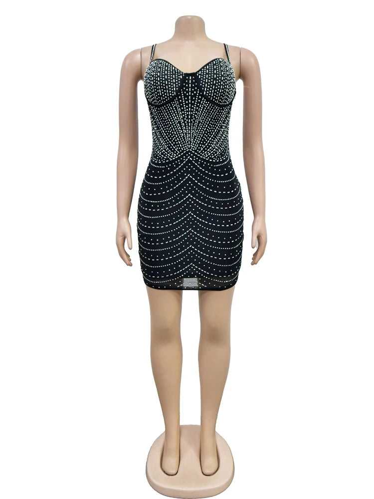 iDress Mesh Sexy Dress Rhinestone Sleeveless Elastic Bodycon