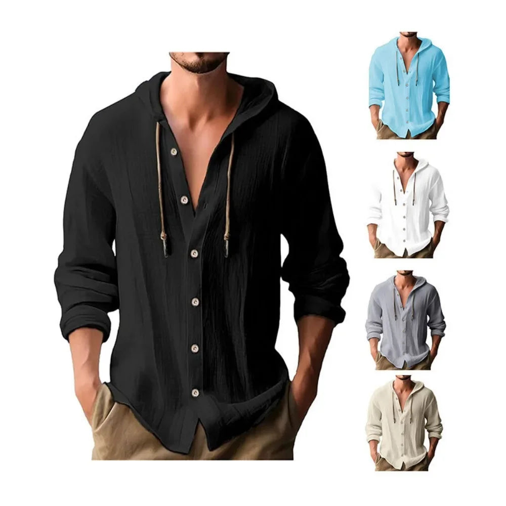 Men's Cotton Linen Shirts Long Sleeve Hooded Cardigan