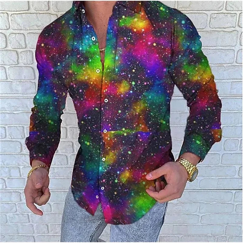 Men's Shirt 3 D Floral Pattern Lapel Long Sleeve Shirt High Quality