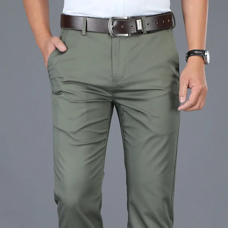 High Quality Soft Thin Cotton Casual Pants Mens Clothing Straight Office Business Green Black Khaki Trousers