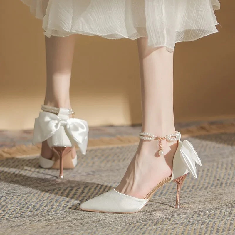 New Women Thin Heel Hollow Sandals  Pearl Butterfly Pointed Toe Wedding Shoes