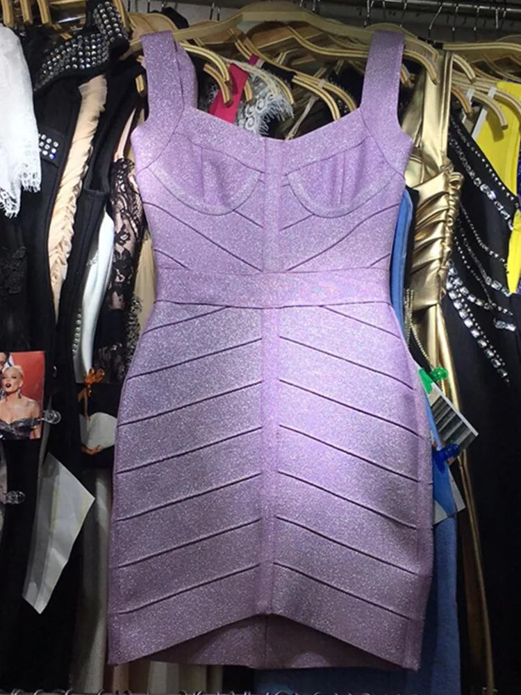 Ladies Sexy V Neck Backless Purple Shining Women Bandage Dress