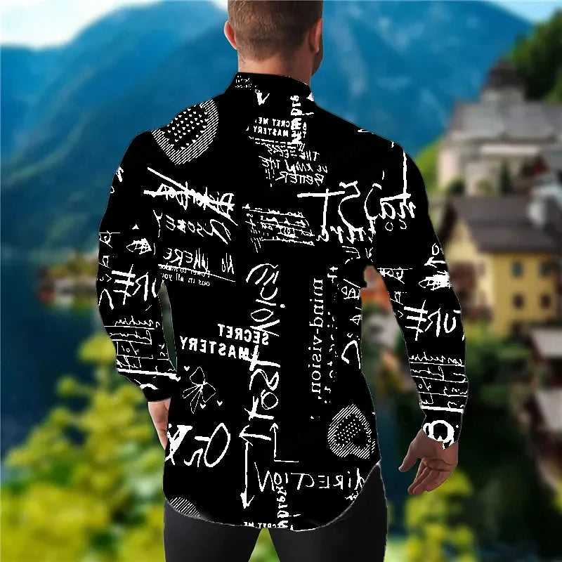 Long Sleeve Hawaiian Shirts Men Fashion Letter Shirt Black White Lepal Blouses