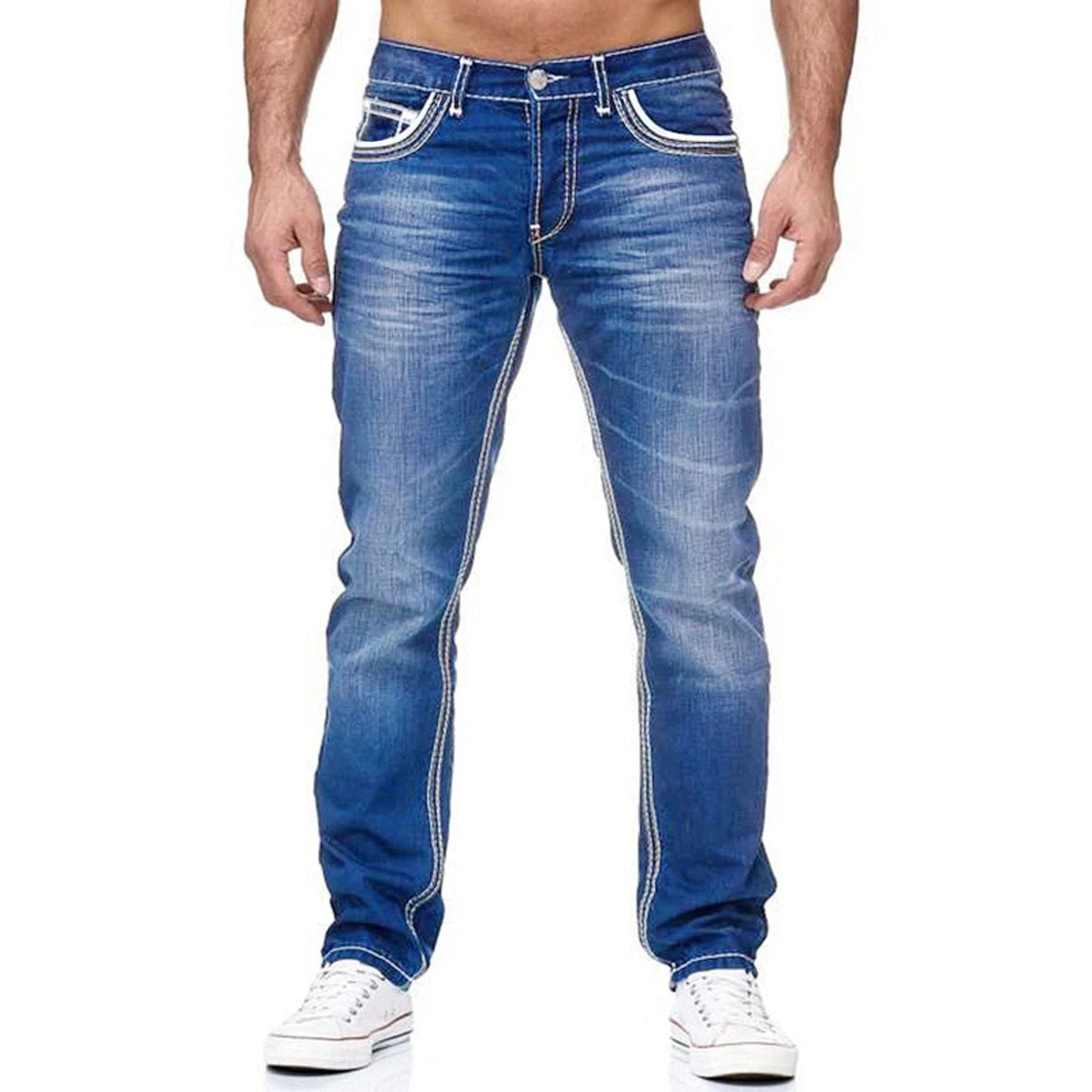 Men Jeans Solid Pockets Stretch Denim Straight Pants