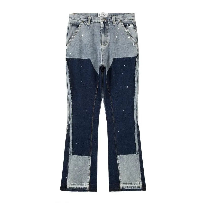 Stitching ink splashed jeans men's street American fashion micro flared pants