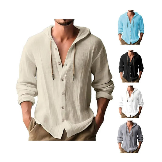 Men's Cotton Linen Shirts Long Sleeve Hooded Cardigan