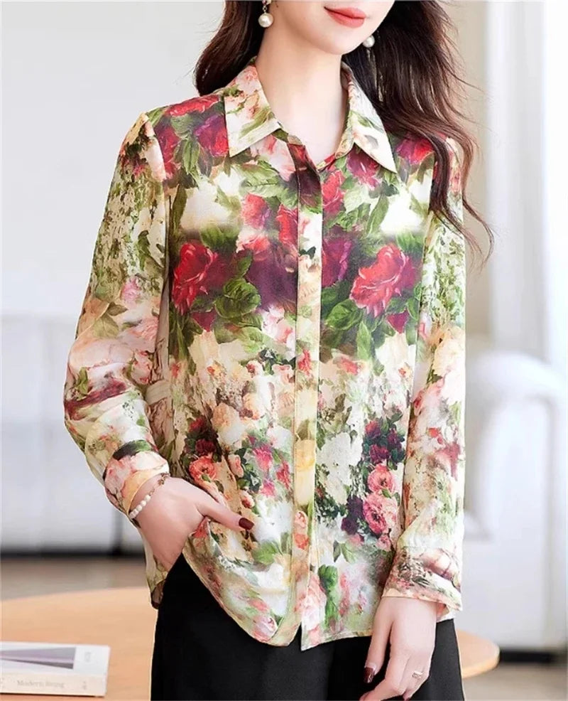 Vintage Rose Print Women Casual Shirts