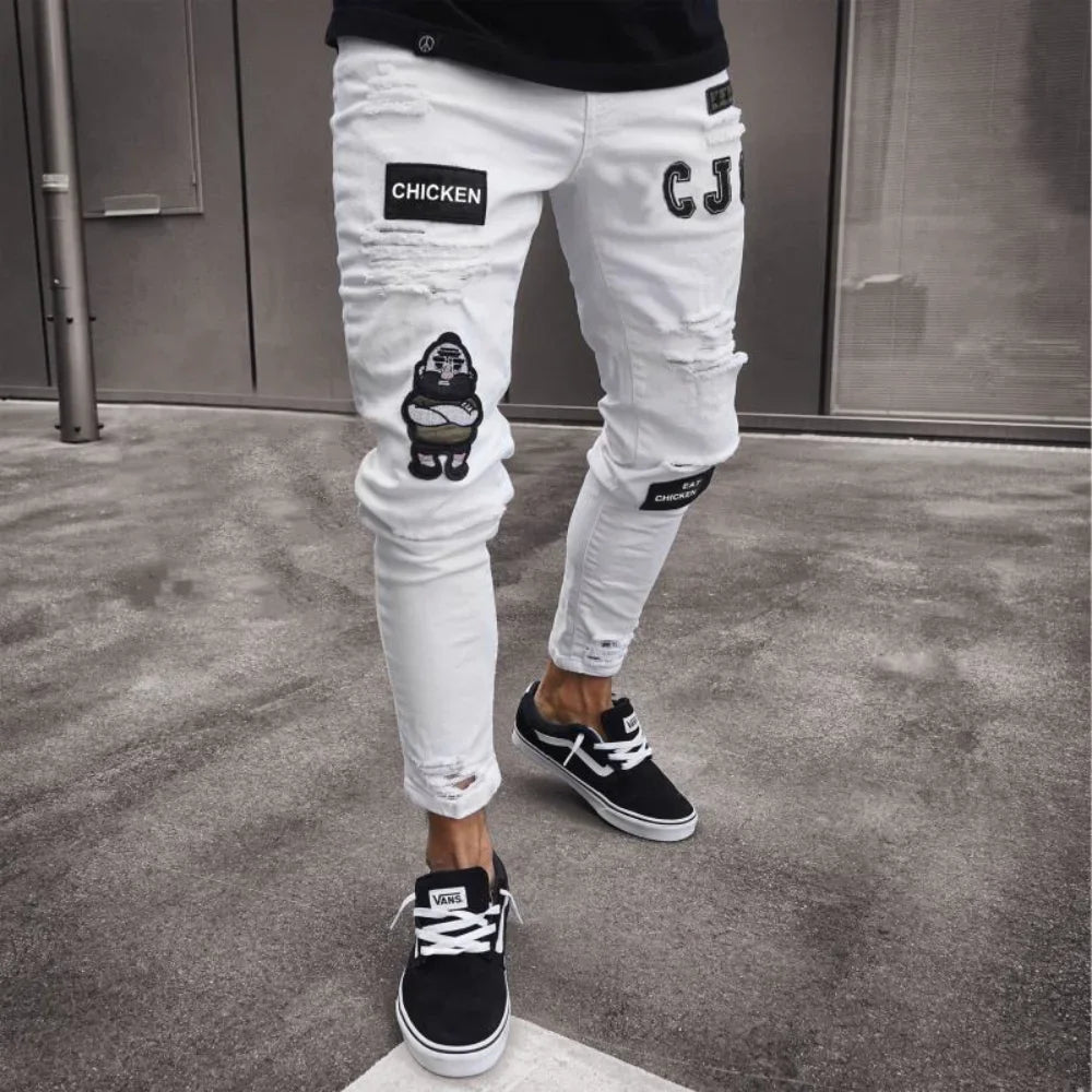 Men's Broken Hole Embroidered Pencil jeans Slim Men Trousers