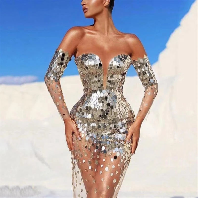 Long Sleeve Bare Shoulder Glitter Sequined Dress See Through Bodycon  Cocktail Party Dress