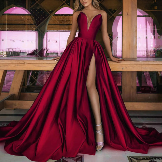 Evening Dress Women Elegant Satin Sleeveless Off The Shoulder