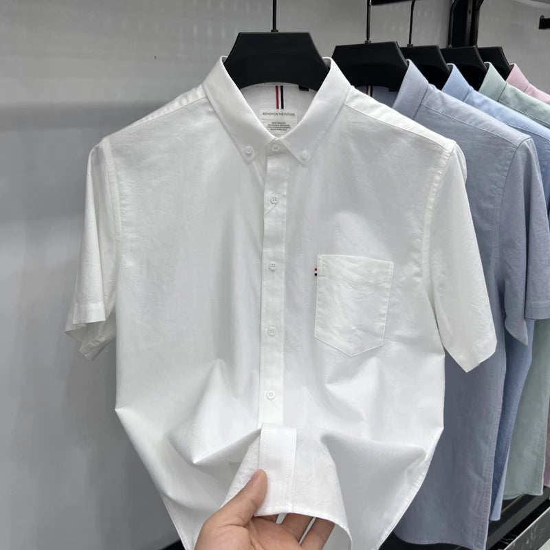 Luxury Brand 100% Pure Cotton Men's Shirt  Lapel Ribbon Pocket Short