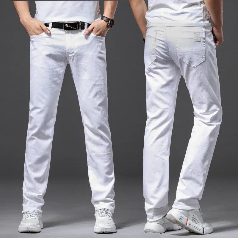 White Soft Stretch Denim Men Jeans Fashion Casual Classic Style Slim Trousers