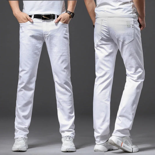 White Soft Stretch Denim Men Jeans Fashion Casual Classic Style Slim Trousers