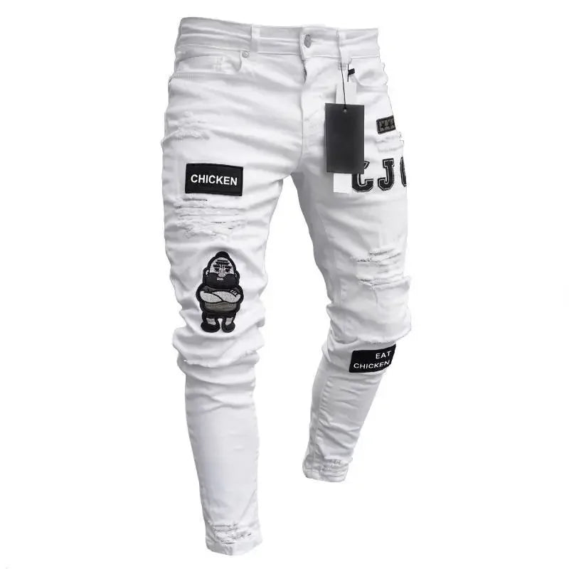 Men's Broken Hole Embroidered Pencil jeans Slim Men Trousers