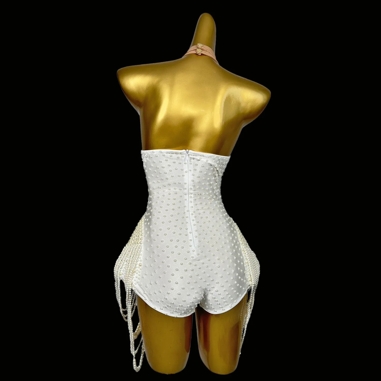 Luxurious Full White Pearls Chains Party Bodysuit  Elegant  Nightclub