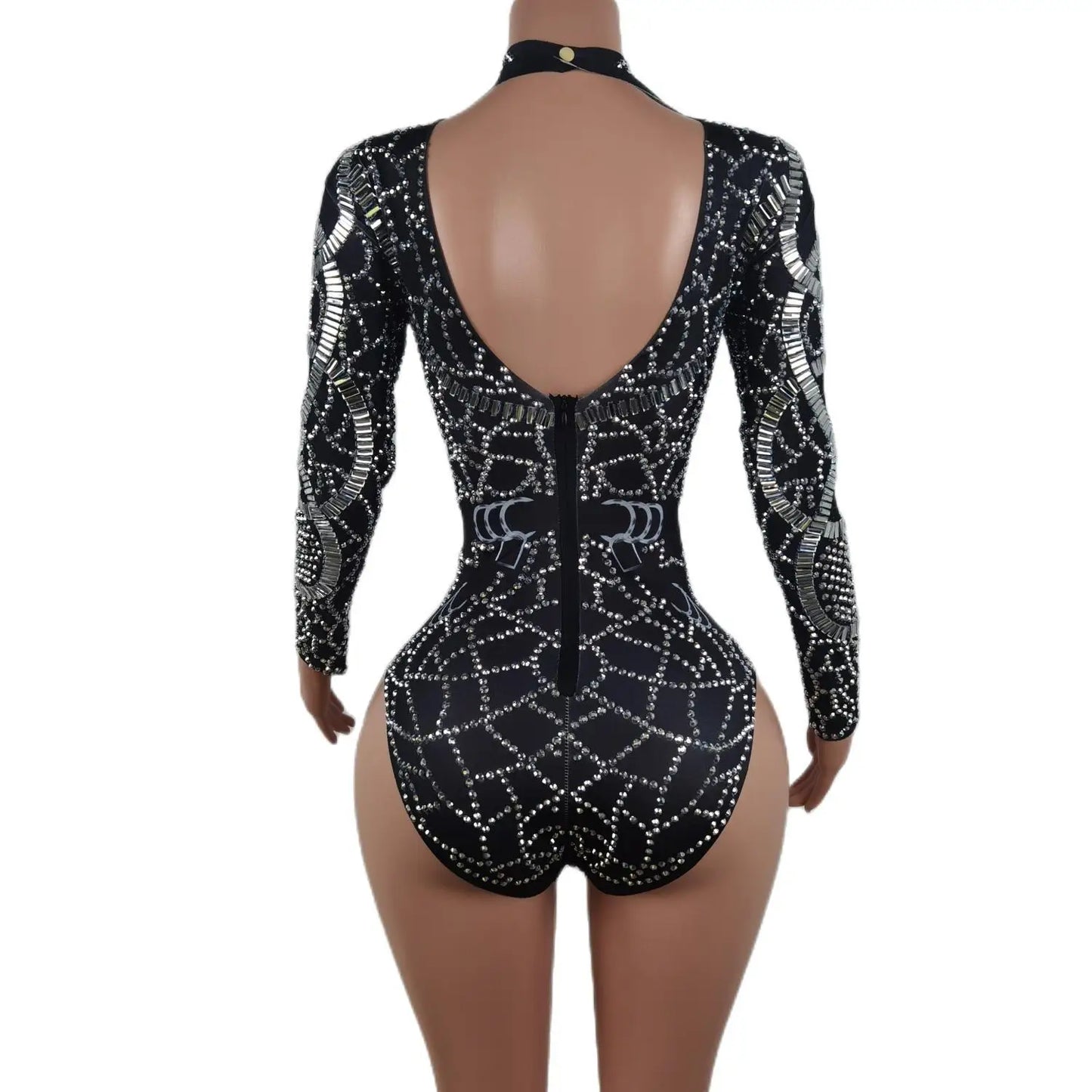 Crystals Elastic Leotard Silver Rhinestones Long Sleeve Bodysuit