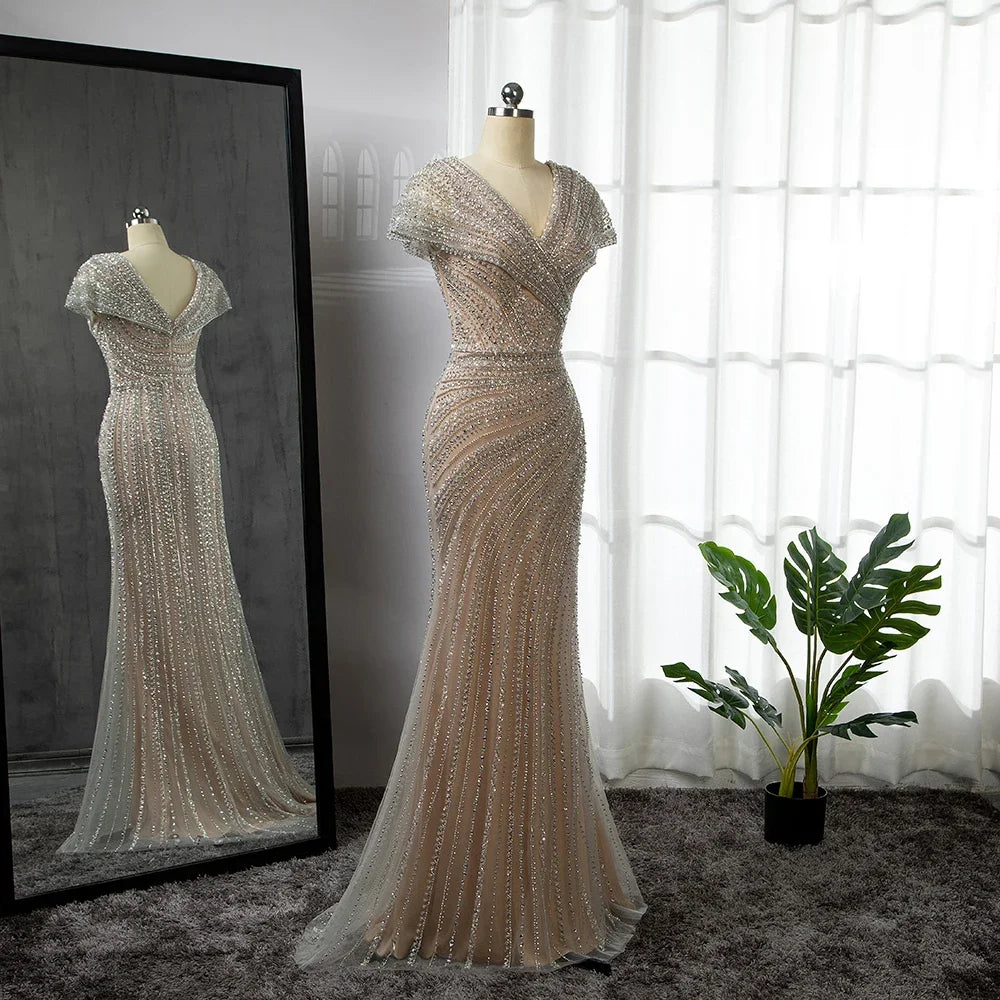 Serene Hill Silver Mermaid Elegant Evening Gowns Beaded Luxury Sparkle