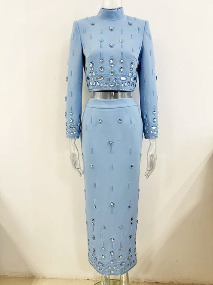 Runway Suit Set Women's Stand Collar Zip Back Cropped Tops Long Skirt Set 2pcs
