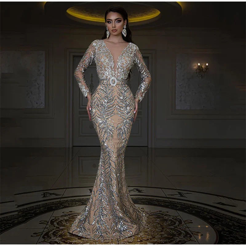 Women Solid Luxury Sequins Slim Elegant Party Dress