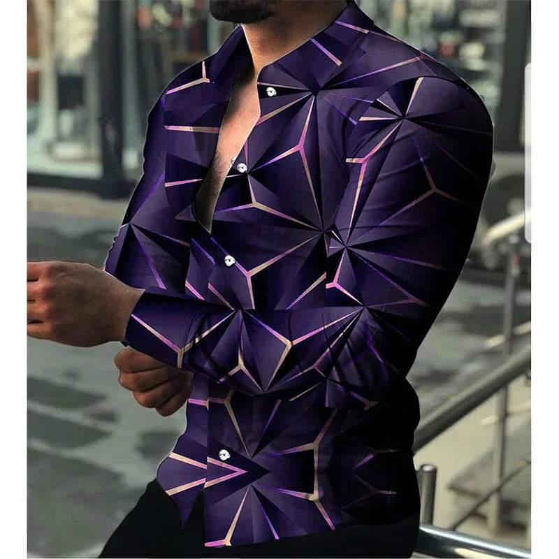 Fashion Luxury Men Shirts Single Breasted Shirt Casual Purple Turbulent Print Long Sleeve