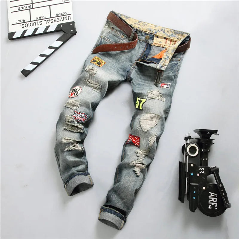 New Men's Hip Hop High Street Motorcycle Jeans Badge Distressed Ripped Denim Trousers Male