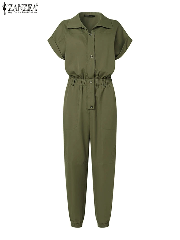 Jumpsuit Vintage Cargo Rompers Woman Lapel Neck Short Sleeve Playsuits