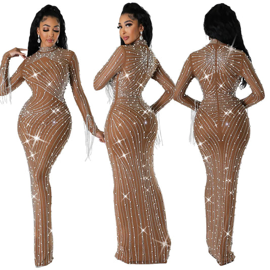 EINYOO Luxury Women's Mesh Diamonds Long Sleeve Prom Dresses Party Formal Bodycon Evening Gown Vestidos Clothing Traf Y2k Zevity