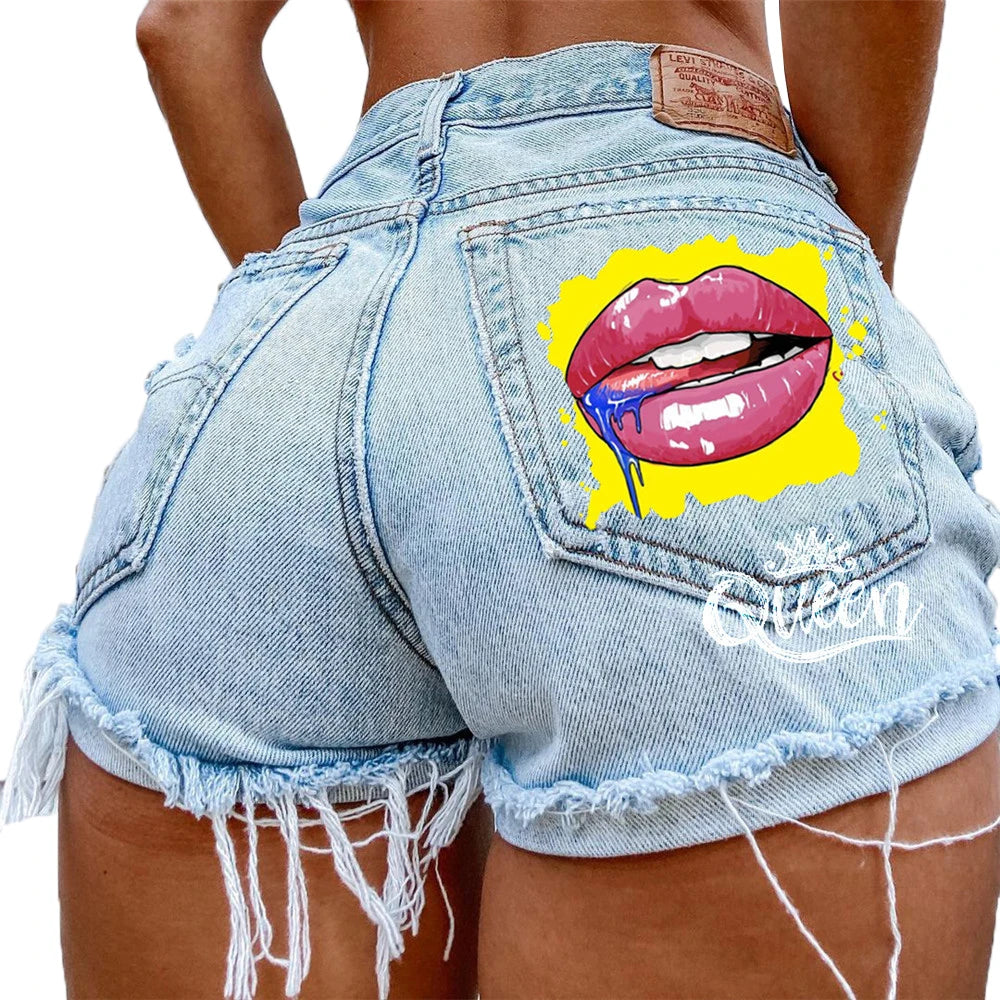 Denim Shorts Women High Street Net Red Lips Printed Jean Shorts