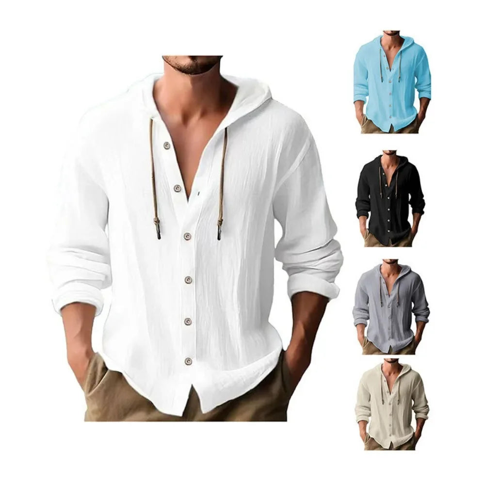 Men's Cotton Linen Shirts Long Sleeve Hooded Cardigan