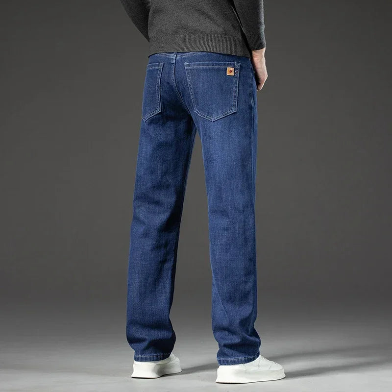 New Fleece Jeans Mens Thick Warm Winter Men's Pants Loose Straight Stretch Plus Size Trousers