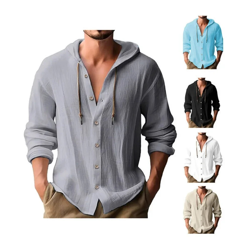 Men's Cotton Linen Shirts Long Sleeve Hooded Cardigan