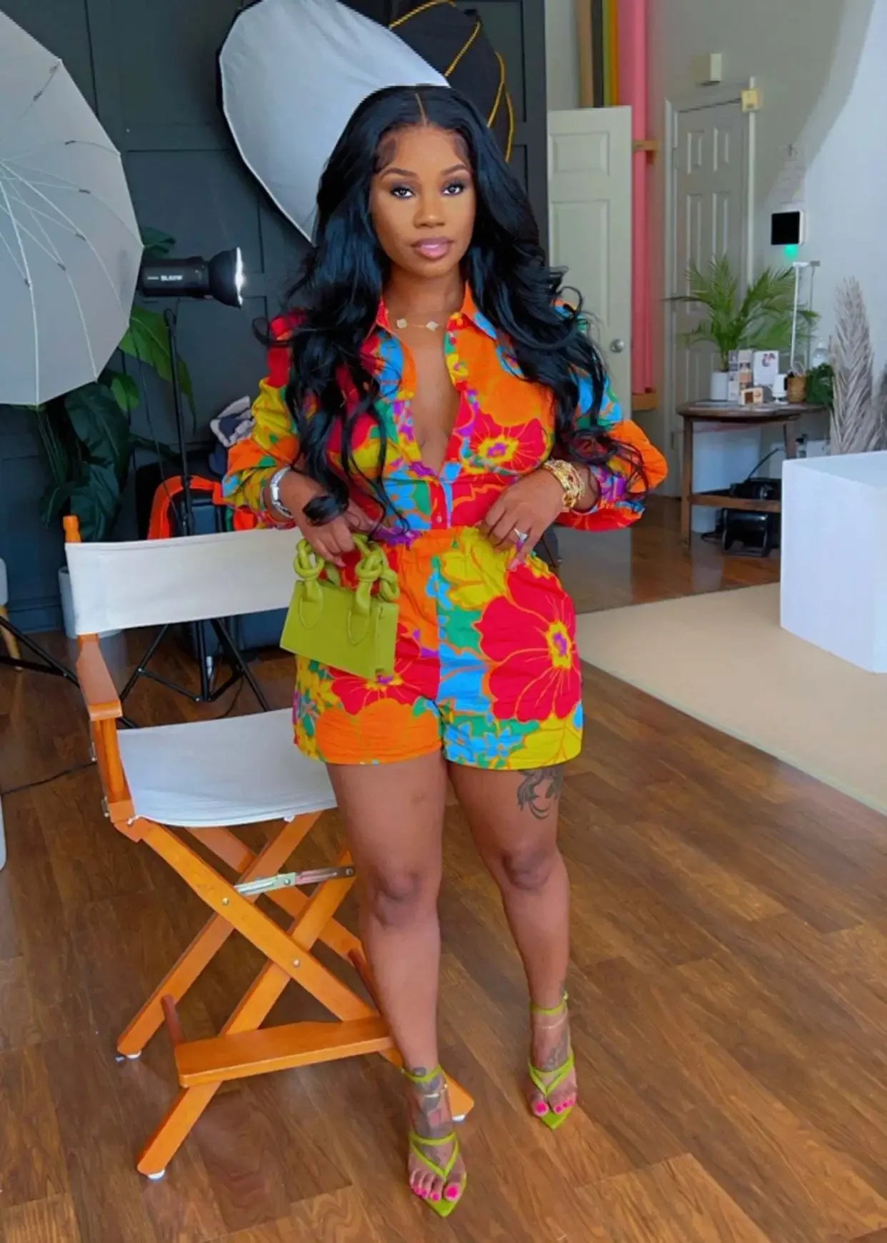 Women's Set Full Sleeve Floral Print Shirt and Pencil Shorts Suit